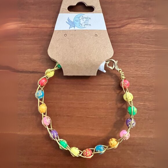 Multicolored Beads with Gold Inlay, Woven Into Gold Wire, Braided Bracelet - Picture 2 of 2